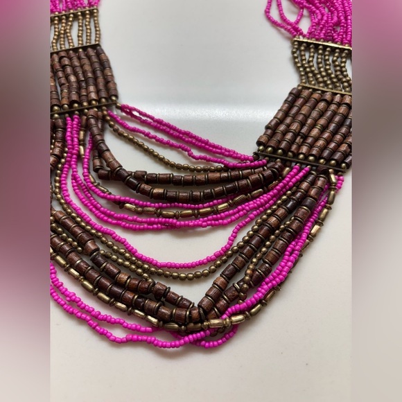 Vibrant Pink and Brown beaded Statement Necklace - Picture 3 of 5